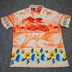 Vintage‎ Kennington Hawaiian Shirt L Orange Tropical Aloha Print Floral 90s 80s